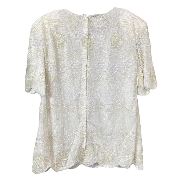 Vtg Stenay Silk Sequined Beaded Pearl Scalloped Formal Top Ivory Cream Size L - Picture 2 of 9
